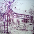 dom przysłupowy, rysunek brązowym tuszem, format A